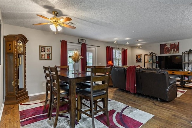dining room featuring wood finished floors, a textured ceiling, and a ceiling fan