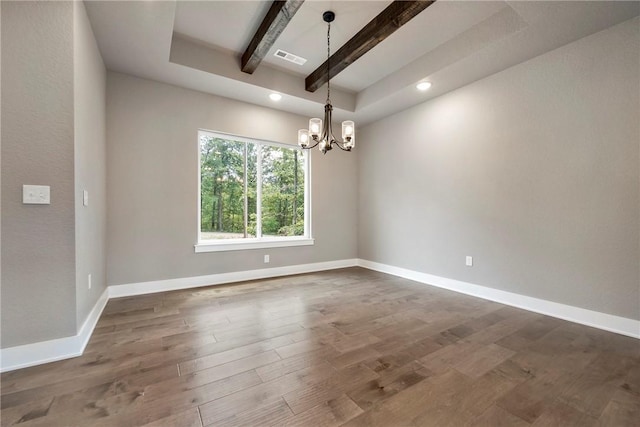 unfurnished room featuring a chandelier, beam ceiling, dark wood-style flooring, baseboards, and recessed lighting