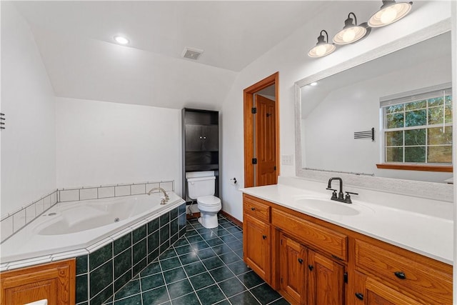 18322 Oakridge Rd, Springdale, AR 72764 - full bathroom featuring toilet, a tub with jets, vanity, tile patterned flooring, and vaulted ceiling