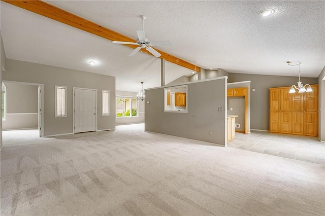 12 Luncarty Ln, Bella Vista, AR 72715 - unfurnished living room featuring a chandelier, light carpet, a ceiling fan, a textured ceiling, and recessed lighting