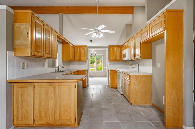 12 Luncarty Ln, Bella Vista, AR 72715 - kitchen featuring white appliances, tasteful backsplash, ceiling fan, a peninsula, and light countertops