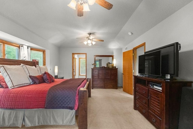 16180 Black Oak Ln, Rogers, AR 72756 - bedroom featuring light colored carpet, vaulted ceiling, and a ceiling fan