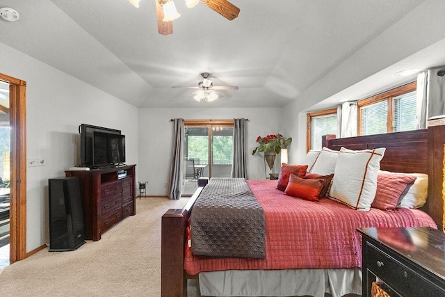 16180 Black Oak Ln, Rogers, AR 72756 - bedroom with access to exterior, light carpet, baseboards, a ceiling fan, and vaulted ceiling