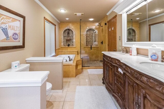 16180 Black Oak Ln, Rogers, AR 72756 - full bathroom featuring toilet, ornamental molding, tile patterned floors, a shower stall, and a bath