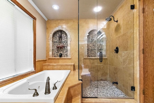 16180 Black Oak Ln, Rogers, AR 72756 - bathroom featuring a stall shower, a jetted tub, and recessed lighting