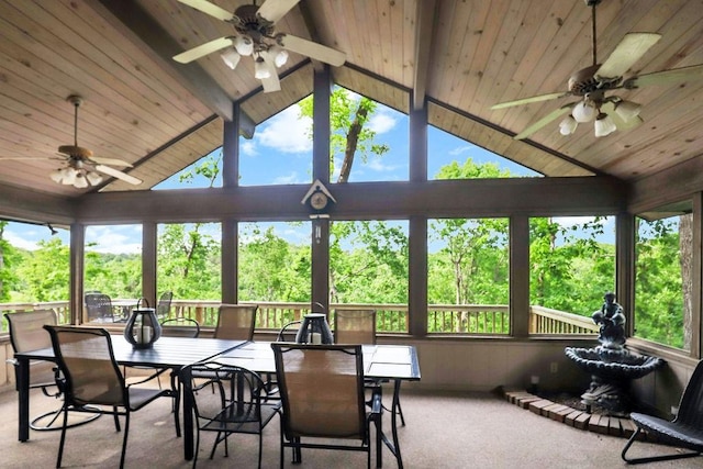 16180 Black Oak Ln, Rogers, AR 72756 - sunroom with a ceiling fan, wood ceiling, outdoor dining space, beamed ceiling, and high vaulted ceiling