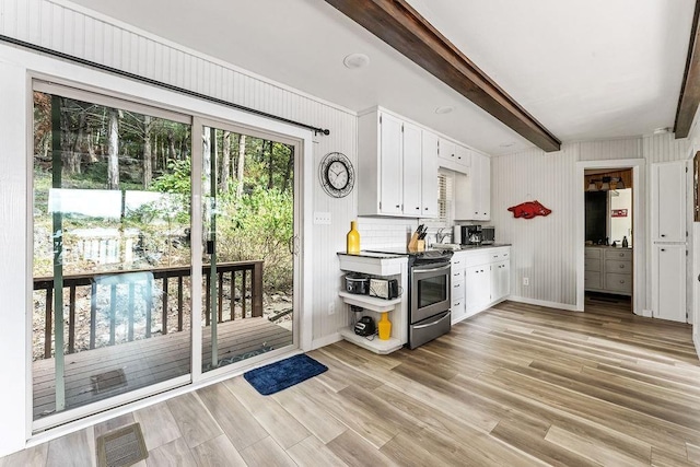 9211 Larue Rd, Rogers, AR 72756 - kitchen with stainless steel range with electric stovetop, white cabinetry, beam ceiling, light wood-style floors, and a sink