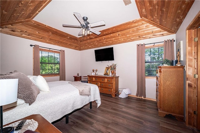 398 Northfork Dr, Berryville, AR 72616 - bedroom featuring multiple windows, wood finished floors, vaulted ceiling, wood ceiling, and ceiling fan