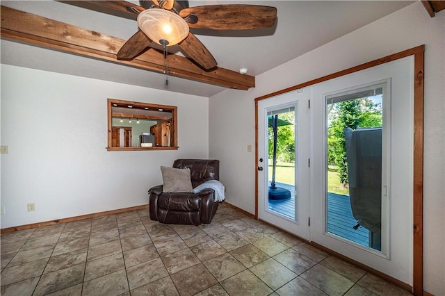 398 Northfork Dr, Berryville, AR 72616 - sitting room featuring beam ceiling, baseboards, and ceiling fan