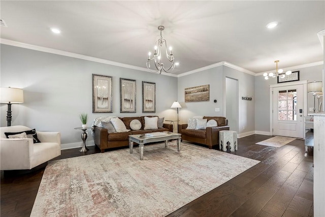 living room featuring a chandelier, baseboards, dark wood-style flooring, crown molding, and recessed lighting