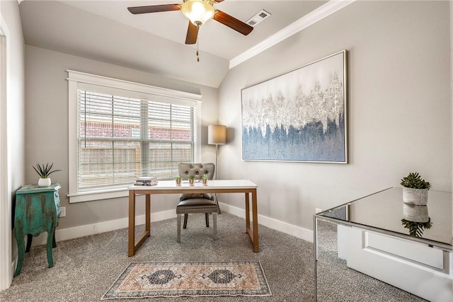 carpeted office featuring a ceiling fan, baseboards, ornamental molding, and lofted ceiling