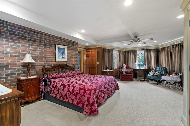 30 Brittany Ln, Bella Vista, AR 72714 - carpeted bedroom with recessed lighting, a ceiling fan, and brick wall