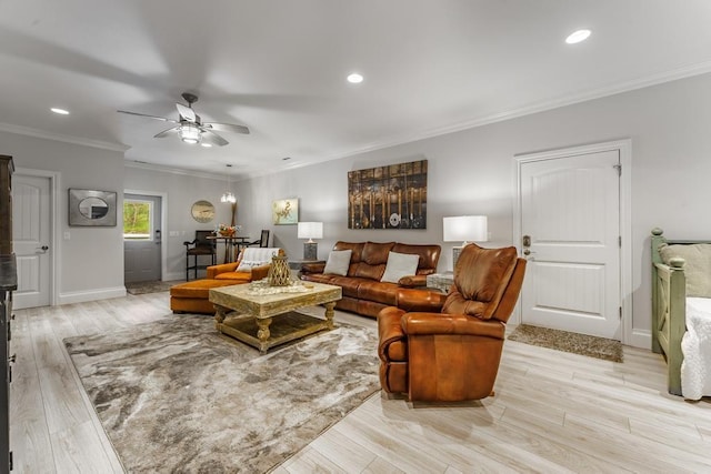 103 County Road 1522, Eureka Springs, AR 72632 - living room featuring ornamental molding, light wood finished floors, ceiling fan, and recessed lighting