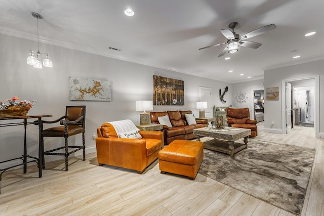 103 County Road 1522, Eureka Springs, AR 72632 - living room with wood finished floors, ceiling fan, crown molding, recessed lighting, and a chandelier