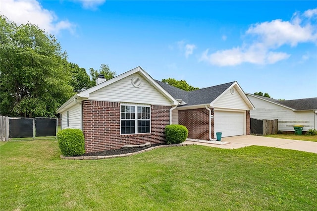 single story home with brick siding, driveway, a chimney, and a garage