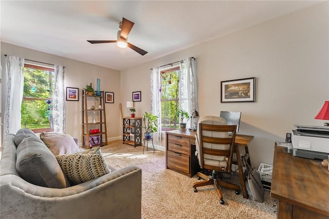 9696 Fuller Rd, Rogers, AR 72756 - home office with carpet floors, a ceiling fan, and baseboards