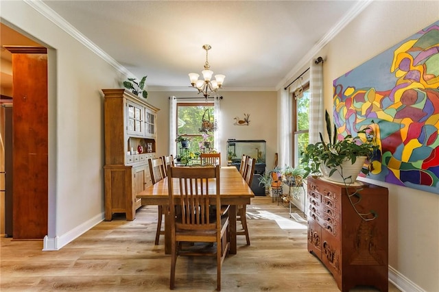 9696 Fuller Rd, Rogers, AR 72756 - dining room with a chandelier, crown molding, light wood finished floors, and baseboards