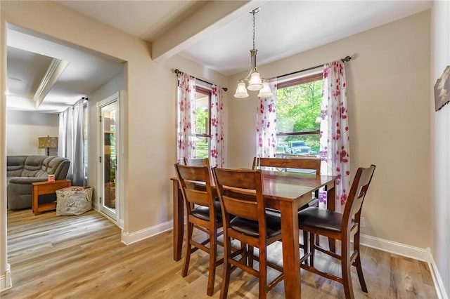 9696 Fuller Rd, Rogers, AR 72756 - dining area with light wood-style floors, baseboards, and beamed ceiling