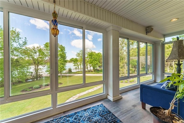 9696 Fuller Rd, Rogers, AR 72756 - sunroom / solarium with a water view, wood finished floors, and recessed lighting