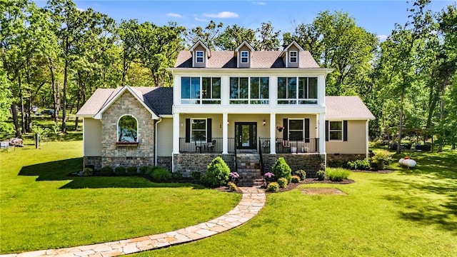 9696 Fuller Rd, Rogers, AR 72756 - view of front of property featuring stone siding, a front yard, and a porch