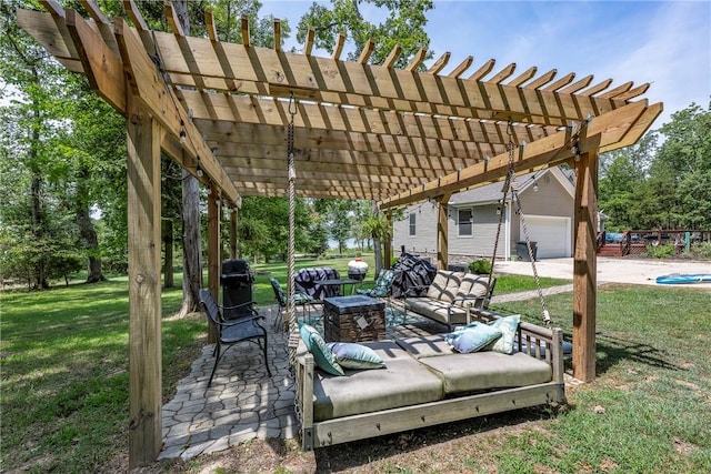 9696 Fuller Rd, Rogers, AR 72756 - view of patio / terrace featuring an outdoor living space with a fire pit, a pergola, concrete driveway, grilling area, and an attached garage