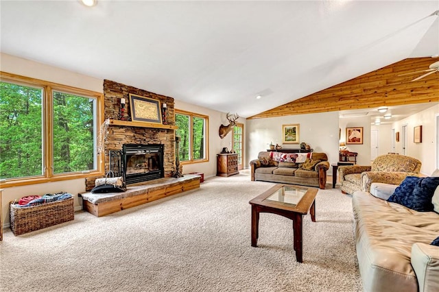 17155 Deer Park Ln, Pea Ridge, AR 72751 - carpeted living area featuring vaulted ceiling and a fireplace