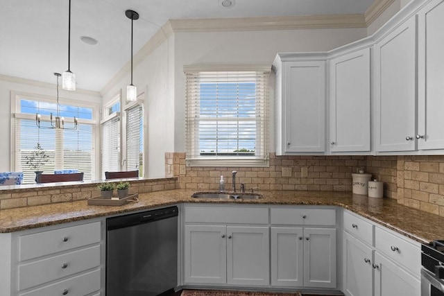 2636 Everest Ave, Rogers, AR 72758 - kitchen with stainless steel dishwasher, a sink, white cabinets, ornamental molding, and tasteful backsplash