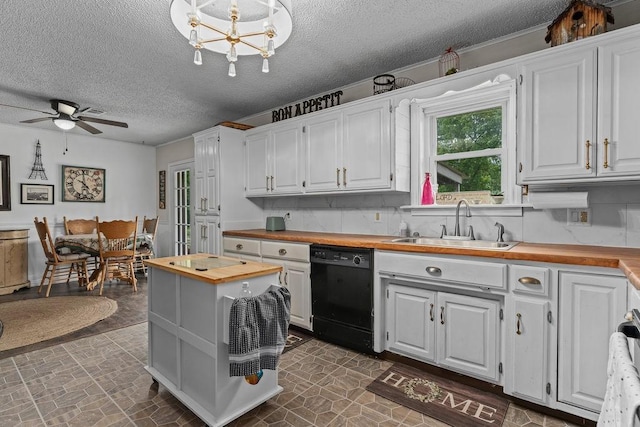 1503 Bugscuffle, Lavaca, AR 72941 - kitchen with butcher block countertops, black dishwasher, a sink, white cabinets, and a textured ceiling