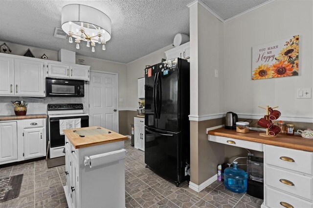 1503 Bugscuffle, Lavaca, AR 72941 - kitchen featuring black appliances, wood counters, white cabinets, a textured ceiling, and crown molding