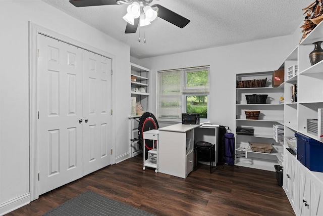 1503 Bugscuffle, Lavaca, AR 72941 - office with dark wood-style floors, a ceiling fan, a textured ceiling, and built in shelves