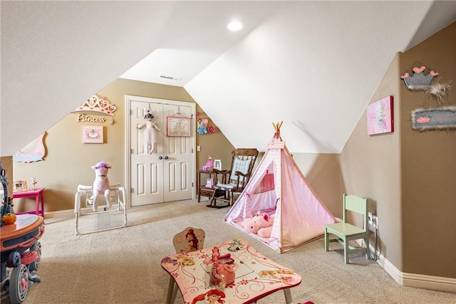 game room with carpet flooring, lofted ceiling, baseboards, and recessed lighting