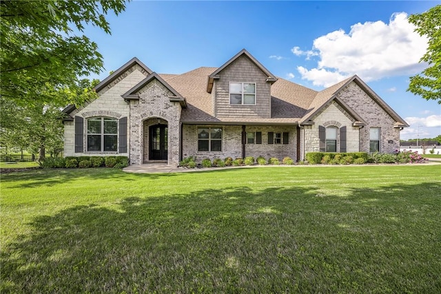914 King Arthur Dr, Elm Springs, AR 72762 - french country home featuring a front yard, brick siding, and a shingled roof