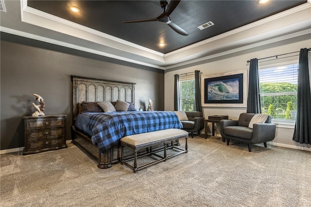 914 King Arthur Dr, Elm Springs, AR 72762 - carpeted bedroom with a tray ceiling, crown molding, baseboards, ceiling fan, and recessed lighting