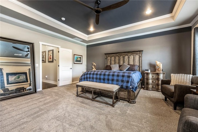 914 King Arthur Dr, Elm Springs, AR 72762 - carpeted bedroom with a raised ceiling, crown molding, ceiling fan, and baseboards