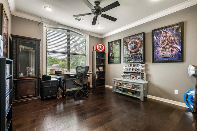914 King Arthur Dr, Elm Springs, AR 72762 - office space with ornamental molding, ceiling fan, baseboards, wood finished floors, and recessed lighting