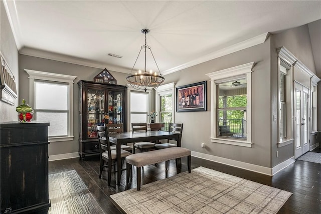 914 King Arthur Dr, Elm Springs, AR 72762 - dining space with a chandelier, baseboards, dark wood-style flooring, and ornamental molding