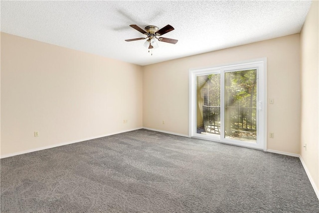 carpeted empty room with ceiling fan, a textured ceiling, and baseboards