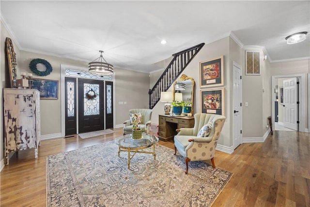 14156 Rolling Hills Dr, Bentonville, AR 72712 - entrance foyer with crown molding, baseboards, stairs, and wood finished floors