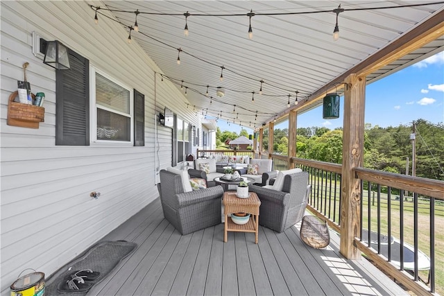 14156 Rolling Hills Dr, Bentonville, AR 72712 - wooden terrace featuring an outdoor living space