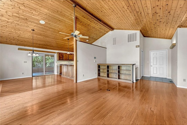 20916 Slate Gap Rd, Garfield, AR 72732 - unfurnished living room featuring baseboards, high vaulted ceiling, a ceiling fan, light wood finished floors, and wood ceiling