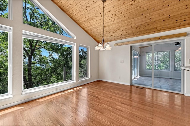 20916 Slate Gap Rd, Garfield, AR 72732 - unfurnished dining area featuring high vaulted ceiling, a chandelier, wood finished floors, and baseboards
