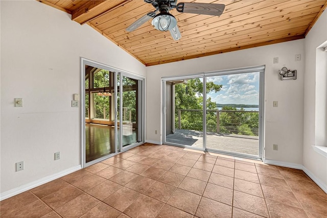 20916 Slate Gap Rd, Garfield, AR 72732 - tiled empty room featuring wood ceiling, ceiling fan, and baseboards