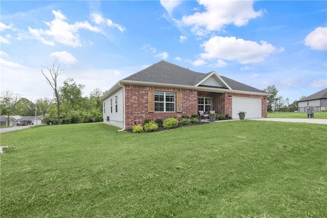 3 Francis Dr, Bella Vista, AR 72715 - view of front of home featuring brick siding, driveway, an attached garage, a front lawn, and roof with shingles