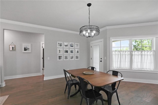 3 Francis Dr, Bella Vista, AR 72715 - dining area with ornamental molding, a chandelier, dark wood-style flooring, and baseboards