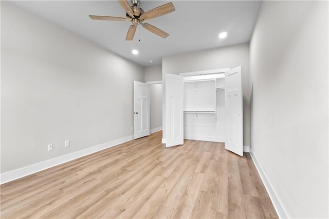 unfurnished bedroom featuring light wood finished floors, baseboards, recessed lighting, a closet, and ceiling fan