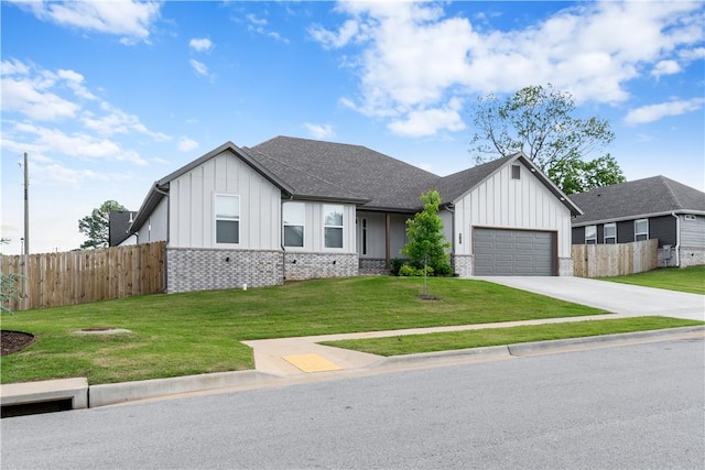 modern farmhouse style home with board and batten siding, a garage, concrete driveway, and a shingled roof