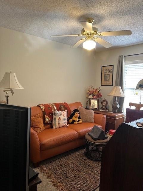 living area with a textured ceiling and a ceiling fan