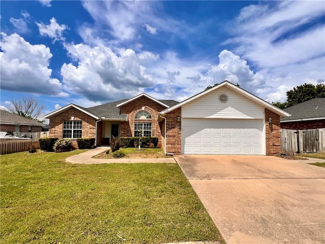 single story home featuring an attached garage, brick siding, and concrete driveway