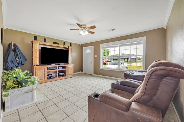 1014 Alma Ave, Mulberry, AR 72947 - living room with ceiling fan, light tile patterned floors, ornamental molding, and baseboards