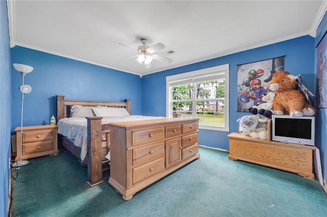 1014 Alma Ave, Mulberry, AR 72947 - bedroom featuring carpet floors, ornamental molding, a ceiling fan, and baseboards